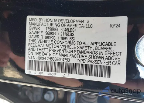 2025 Honda Civic Sport z USA, uszkodzony, nr VIN 19XFL2H80SE004793